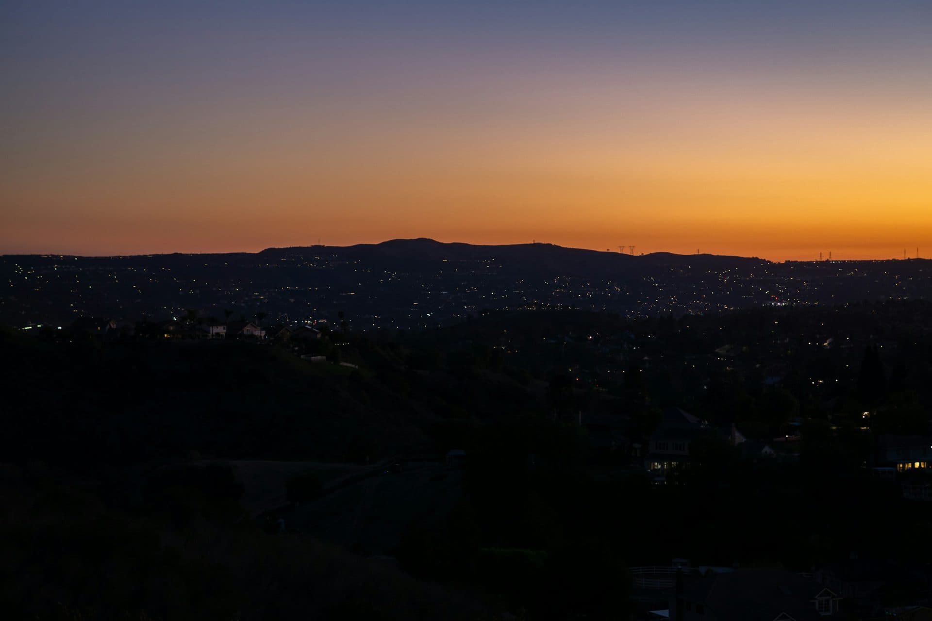 Orange County hills and city lights just after sunset